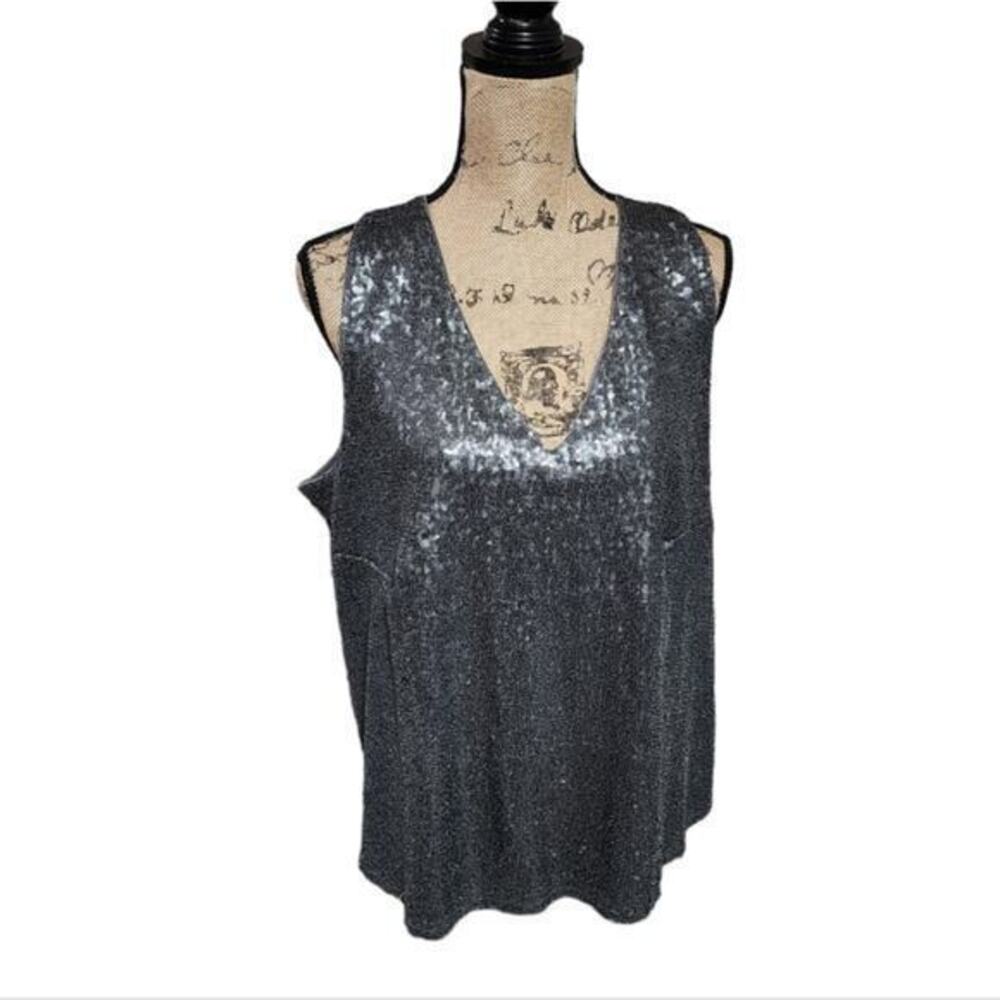 Lane‎ Bryant Women Gray Sequin V-Neck Racerback Tank Top Blouse Plus Size 18/20